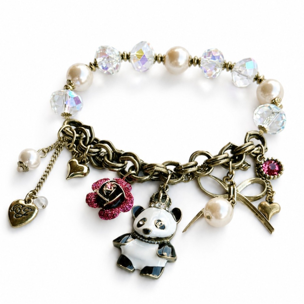 NEW Betsey Johnson Panda Bear, Black Faceted Beads, Rhinestone Charm Bracelet